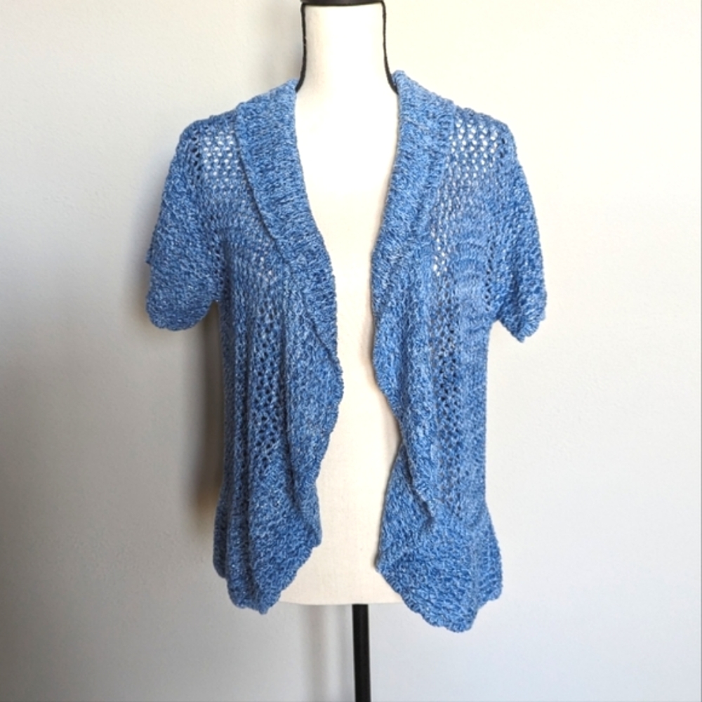 Ruby Rd. blue and silver open front flowy short sleeve knit cardigan size L